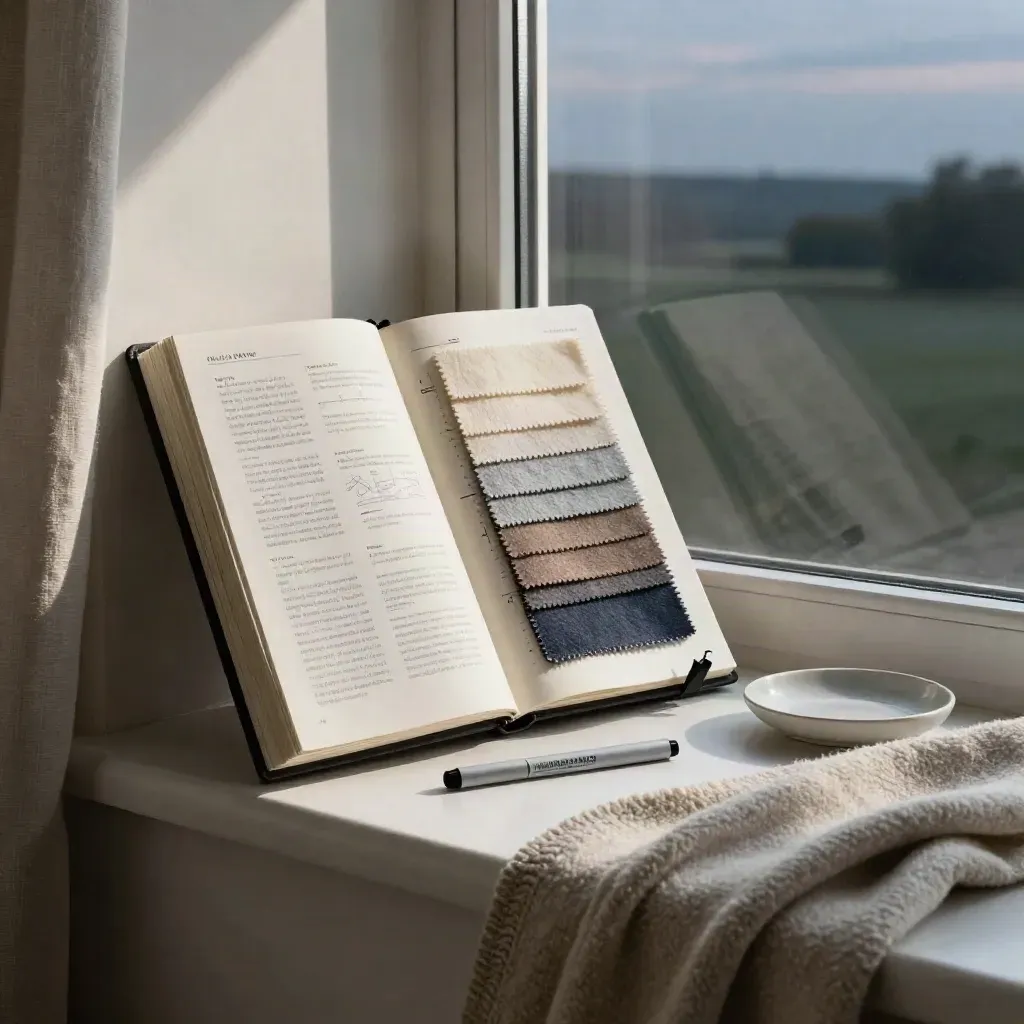 Character bible notebook on a bedroom windowsill with swatches, ribbon, dish, and wool throw at dusk.