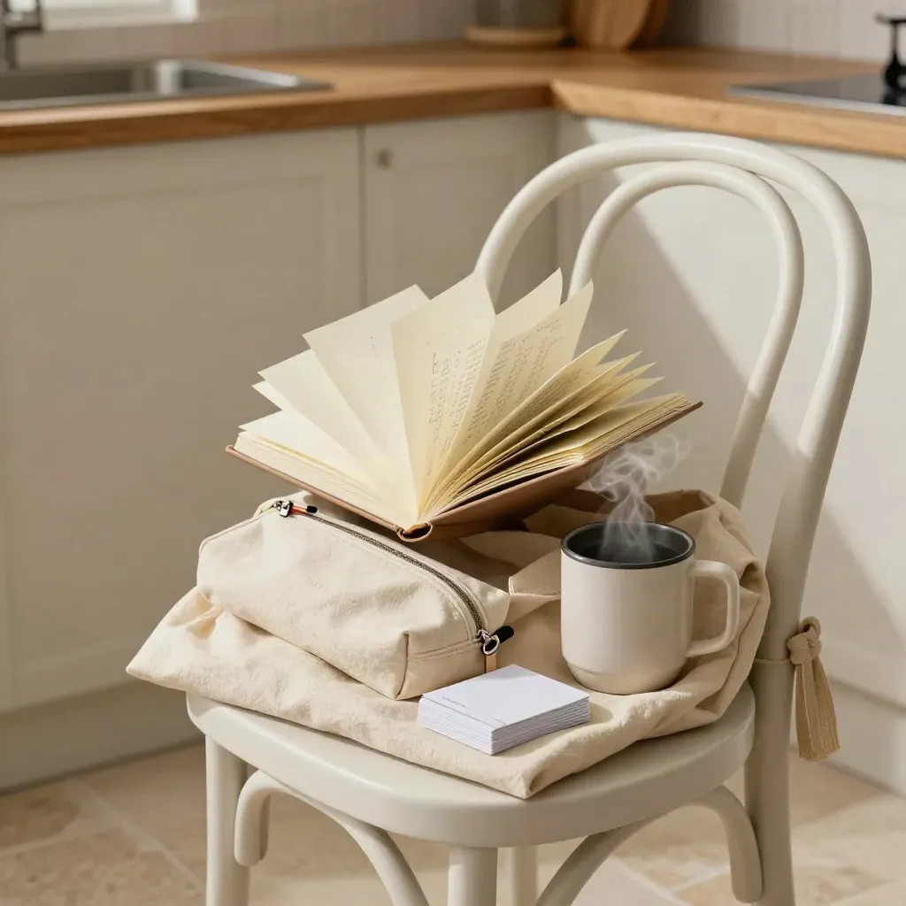 Open writer tote on a kitchen chair with notebook, tabs, cards, and steaming mug