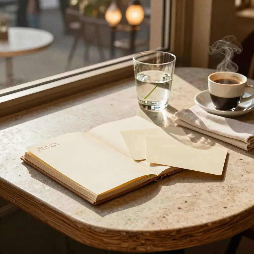 Overhead cafe table with a notebook, three scene cards, linen napkin, stem in glass, and espresso steam.