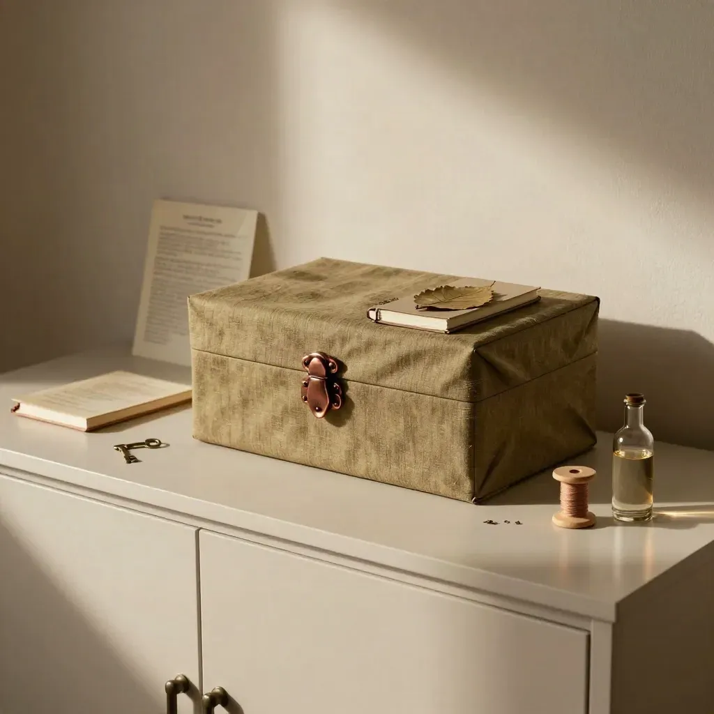 Character file box with ribboned notebook, leaf, key charm, spool and vial on a pale sideboard.