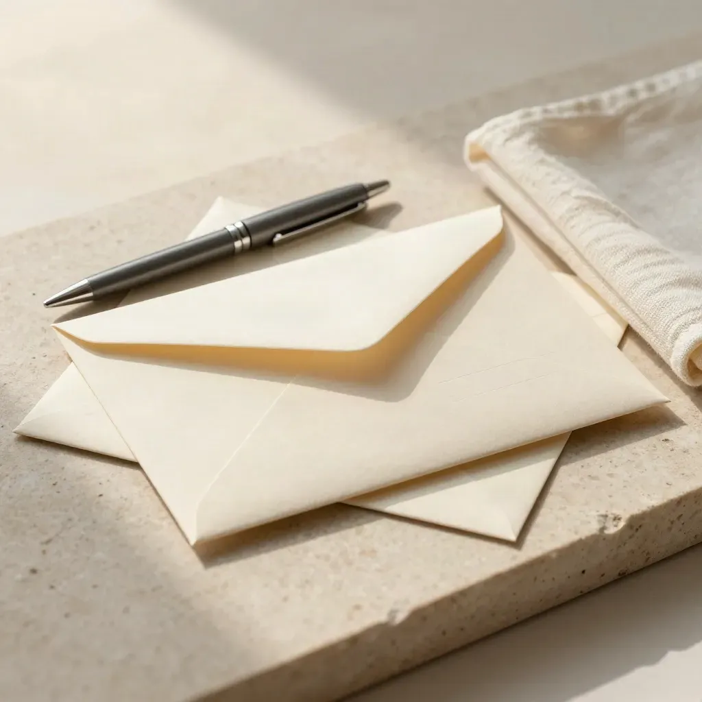 Macro of a publish-prep packet: sealed envelope, mailer sleeve, pen, postcard, and cloth on pale stone.