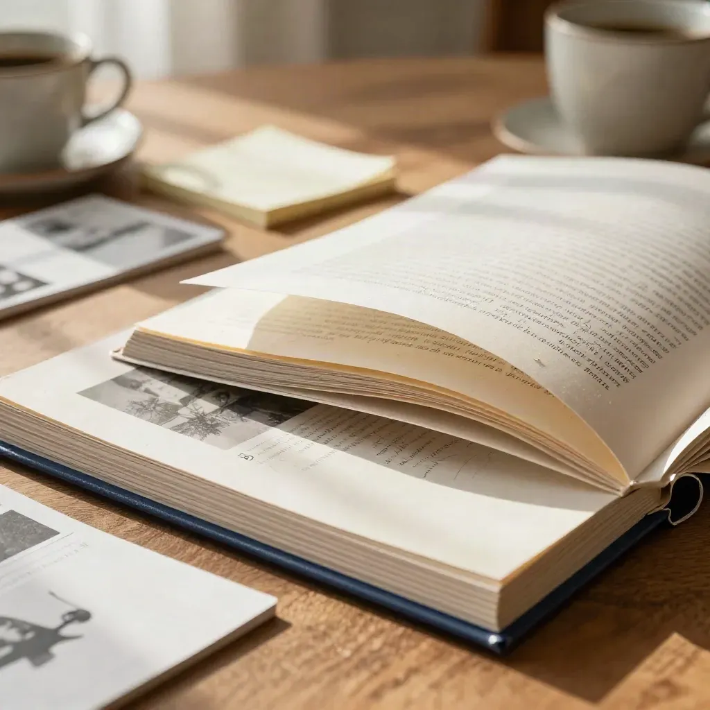 Low studio view of manuscript pages, scene cards, coffee cup, and revision notes in warm light.