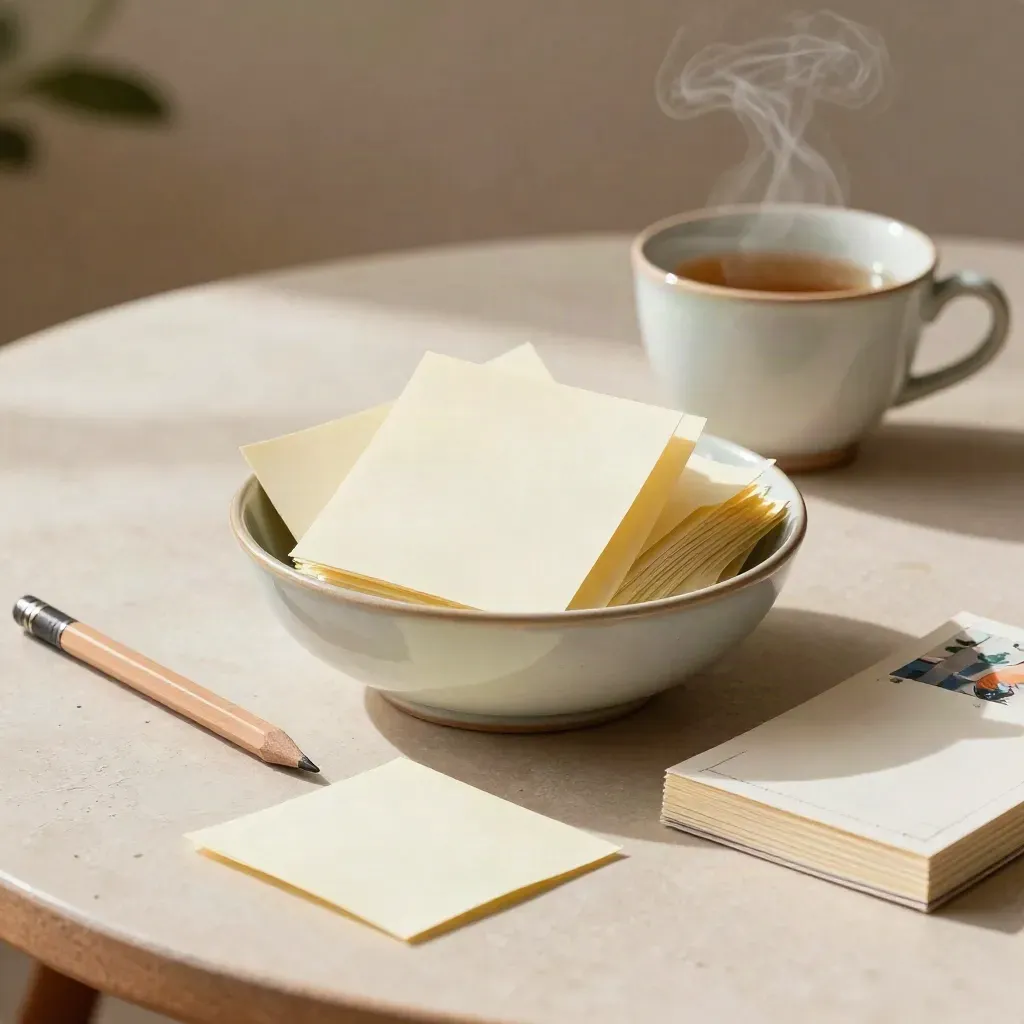 Prompt slips in a bowl beside tea, pencil, and postcards on a pale table.