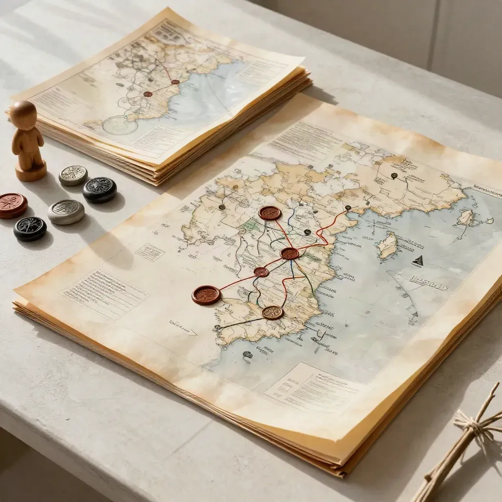 Fantasy world notes spread across a pale worktable with maps, tokens, figurine, and tracing sheets.