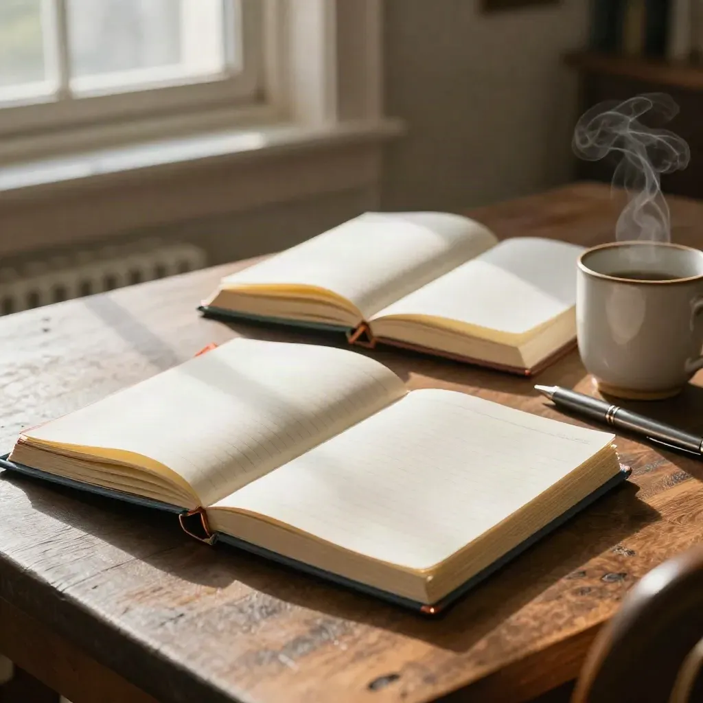 Notebook stacks, pens and a ceramic cup on a warm desk in late-day window light.