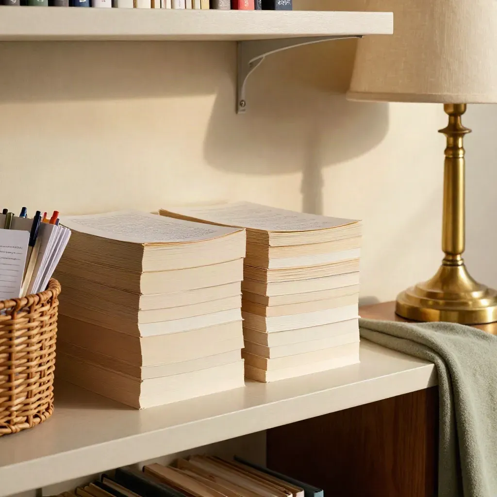 Paired manuscript stacks beside a basket of feedback slips under a warm reading lamp.