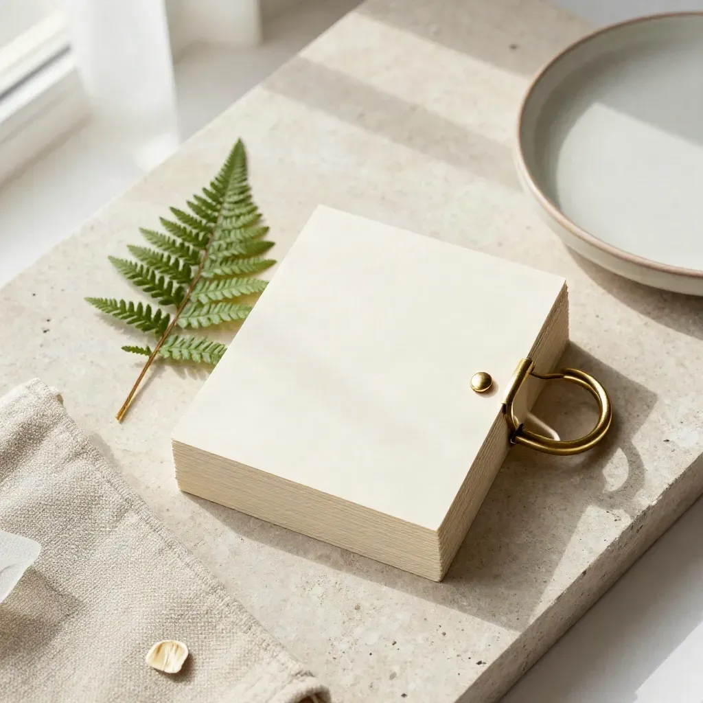 Scene cards bound with brass ring, fern sprig, linen swatch and ceramic dish on pale stone.