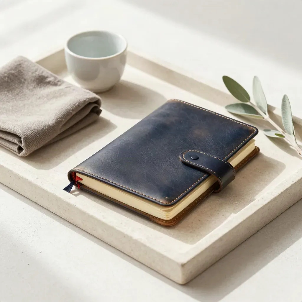 Leather character journal, ribbon marker, cup, cloth, greenery on stone tray in soft daylight.