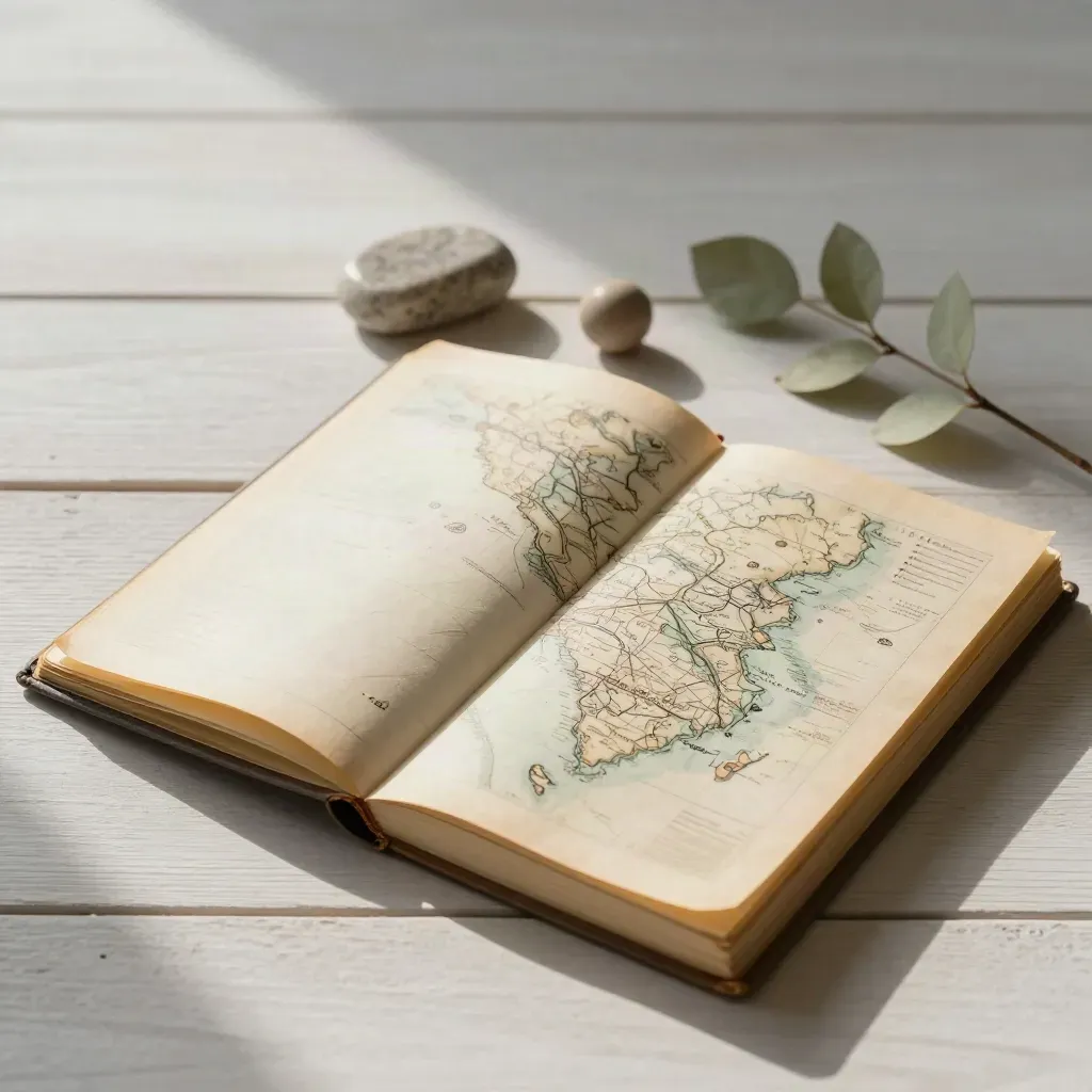 Folded fantasy map notebook with stone paperweight, clay bead, and branch on pale wood