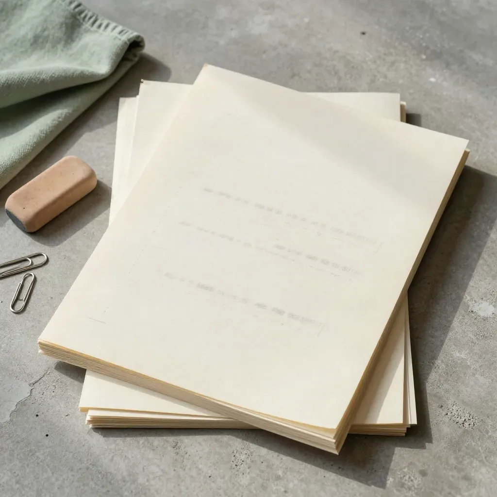 Marked manuscript pages with eraser, paperclip nest, and sage cloth on cool concrete.